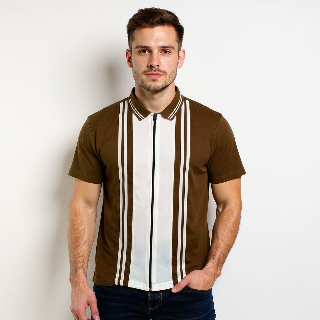 Brown White Zipper Polo Shirt – Premium Men’s Wear Elvo By KA