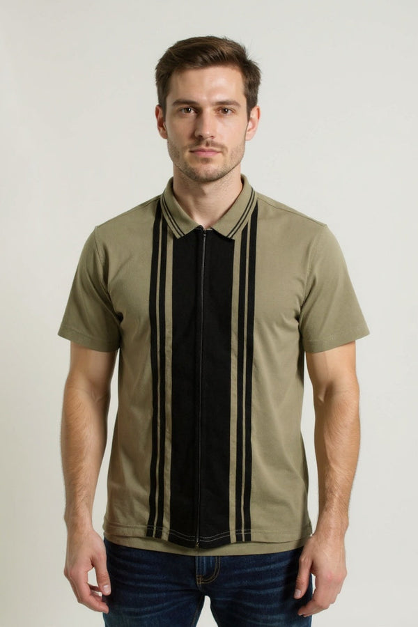 Beige White Zipper Polo Shirt – Premium Men’s Wear Elvo By KA