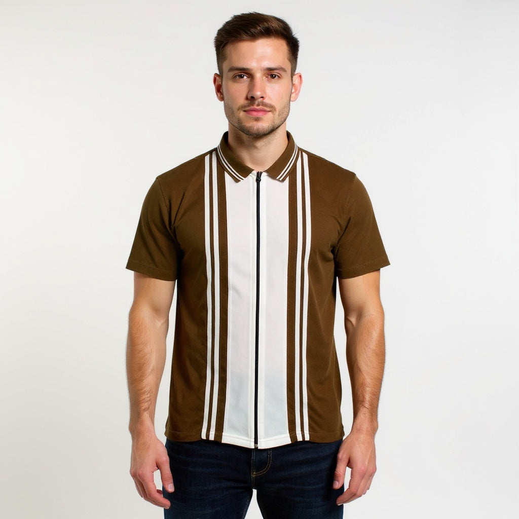 Brown White Zipper Polo Shirt – Premium Men’s Wear Elvo By KA