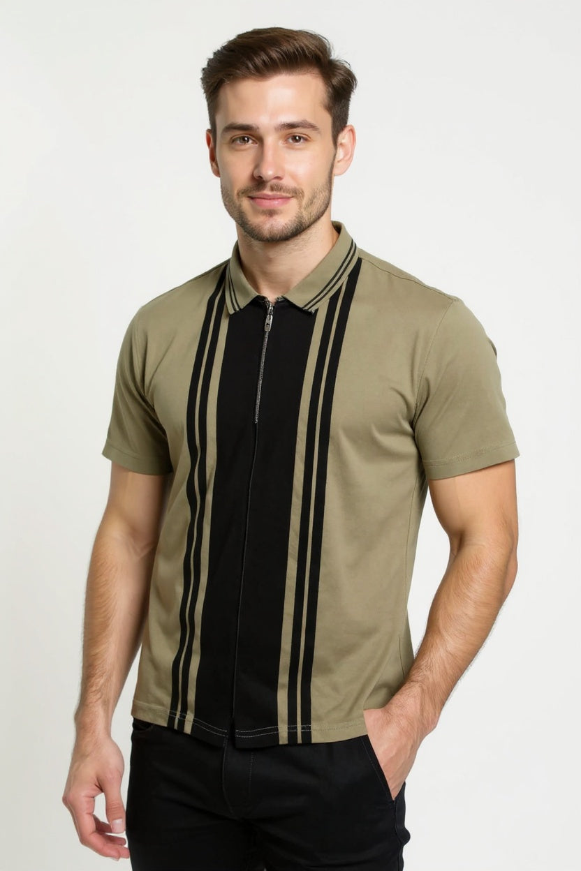 Beige White Zipper Polo Shirt – Premium Men’s Wear Elvo By KA