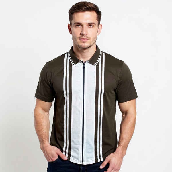 Dark Olive White Zipper Polo Shirt – Premium Men’s Wear Elvo By KA