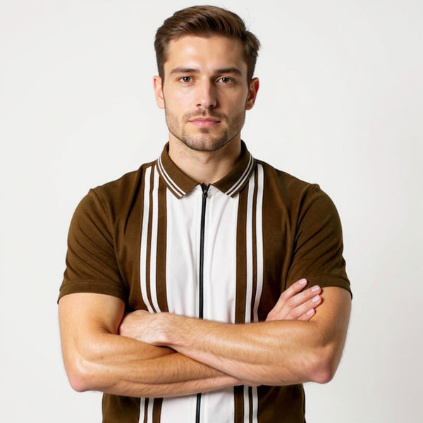 Brown White Zipper Polo Shirt – Premium Men’s Wear Elvo By KA