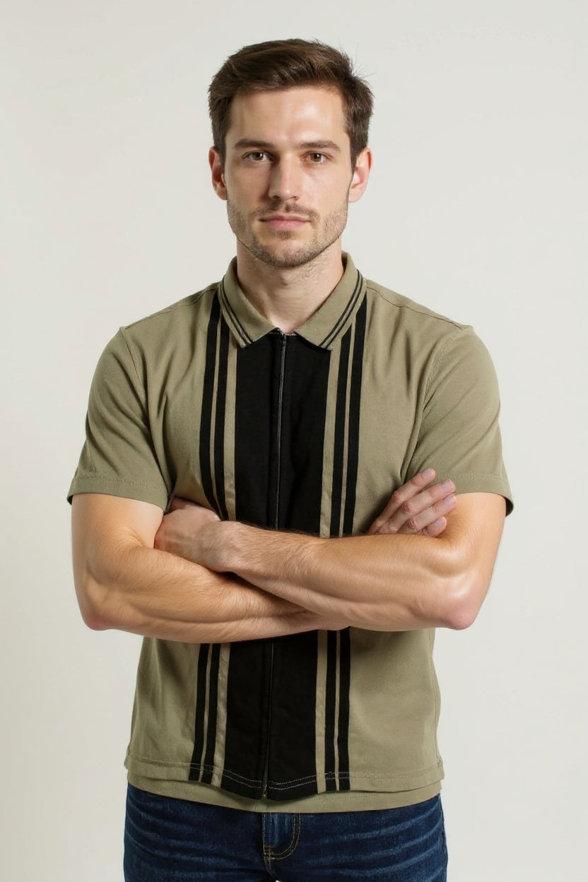 Beige White Zipper Polo Shirt – Premium Men’s Wear Elvo By KA