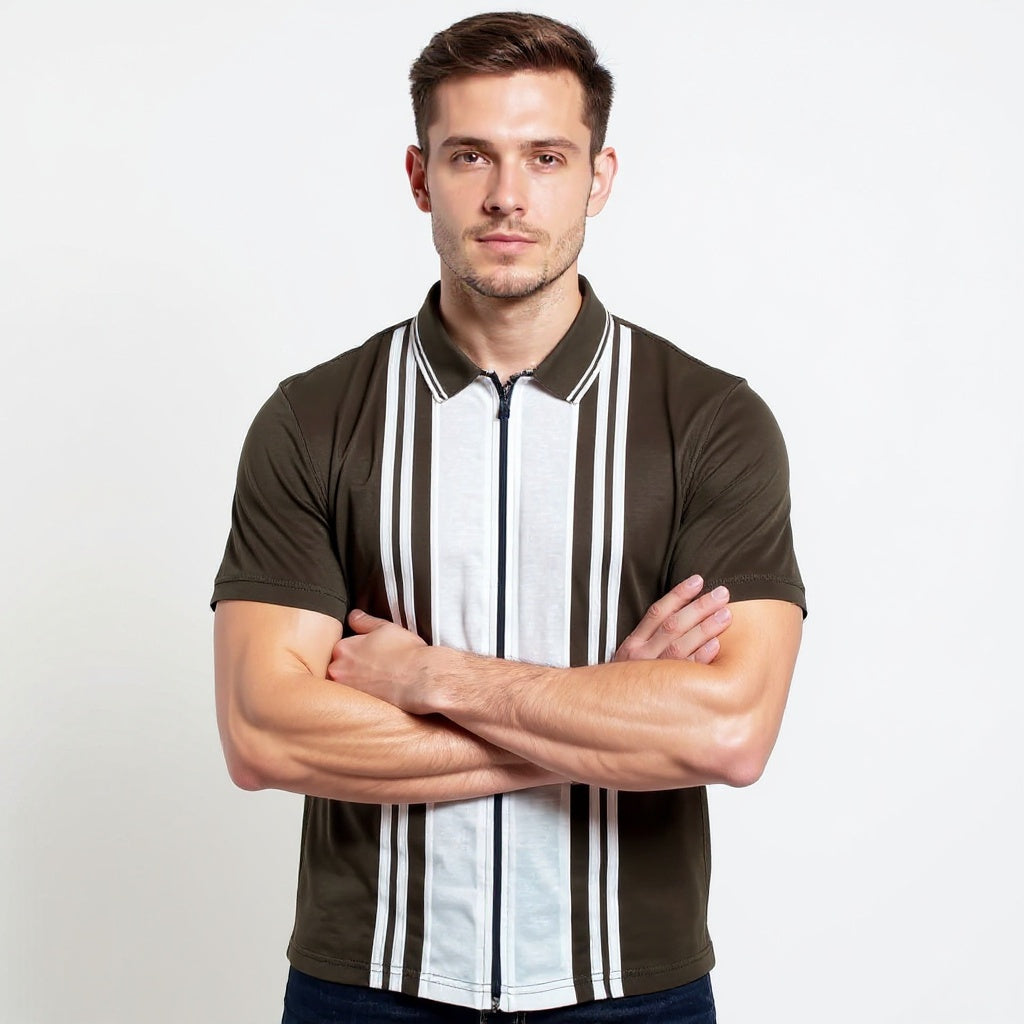 Dark Olive White Zipper Polo Shirt – Premium Men’s Wear Elvo By KA
