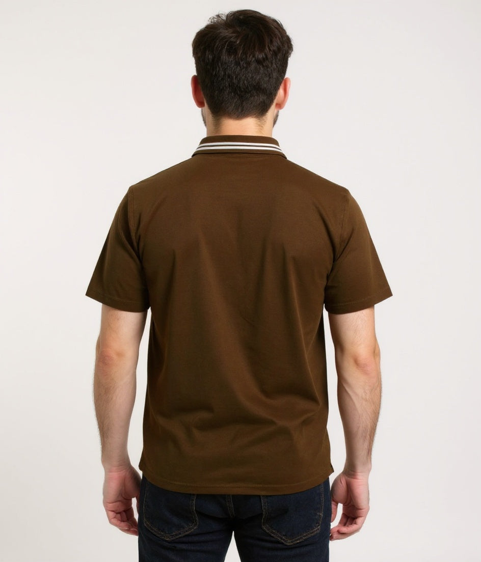 Brown White Zipper Polo Shirt – Premium Men’s Wear Elvo By KA