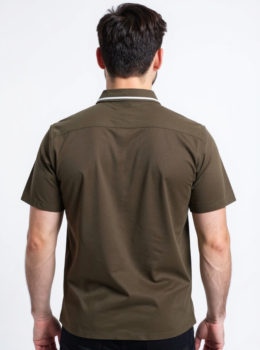 Dark Olive White Zipper Polo Shirt – Premium Men’s Wear Elvo By KA