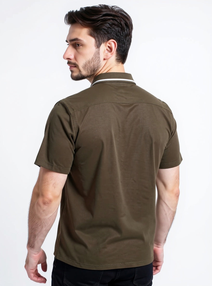 Dark Olive White Zipper Polo Shirt – Premium Men’s Wear Elvo By KA