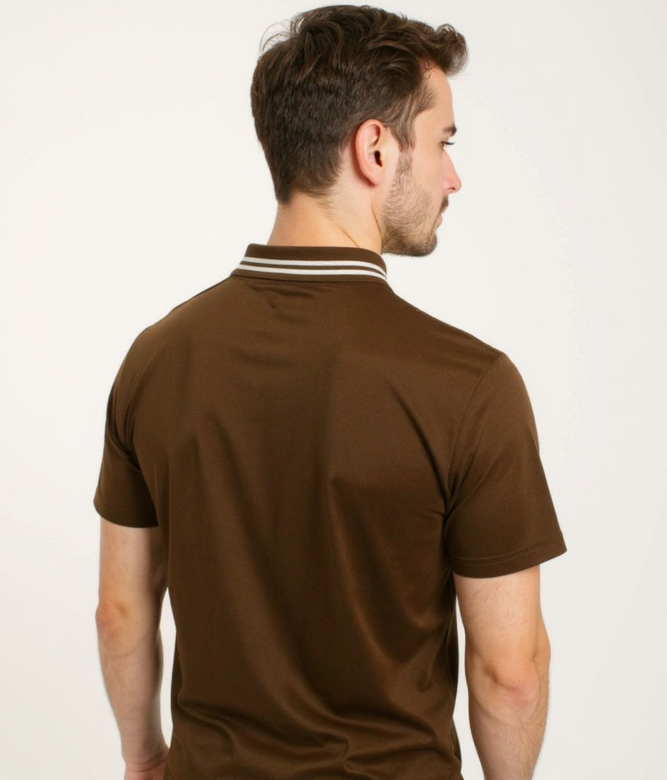 Brown White Zipper Polo Shirt – Premium Men’s Wear Elvo By KA
