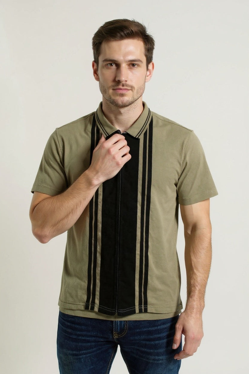 Beige White Zipper Polo Shirt – Premium Men’s Wear Elvo By KA