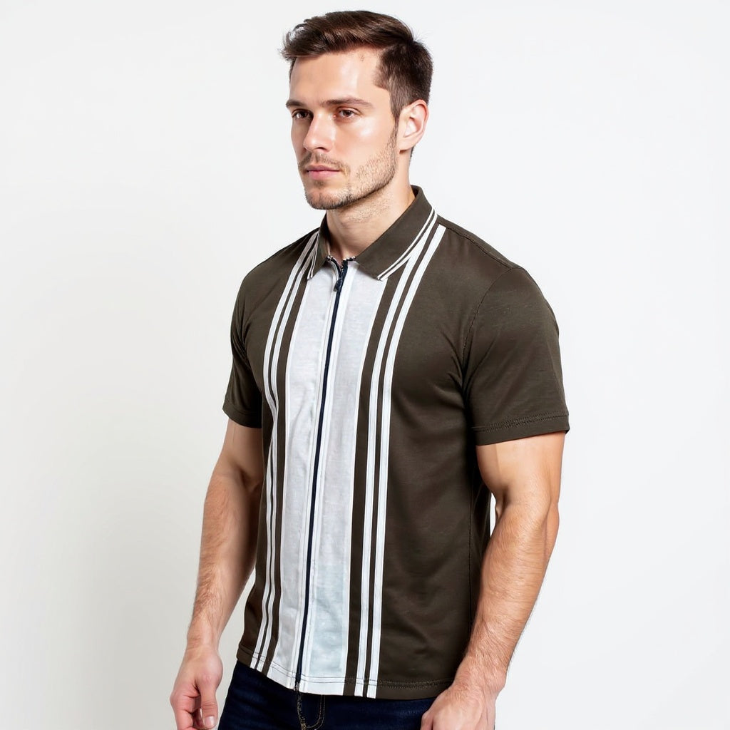 Dark Olive White Zipper Polo Shirt – Premium Men’s Wear Elvo By KA