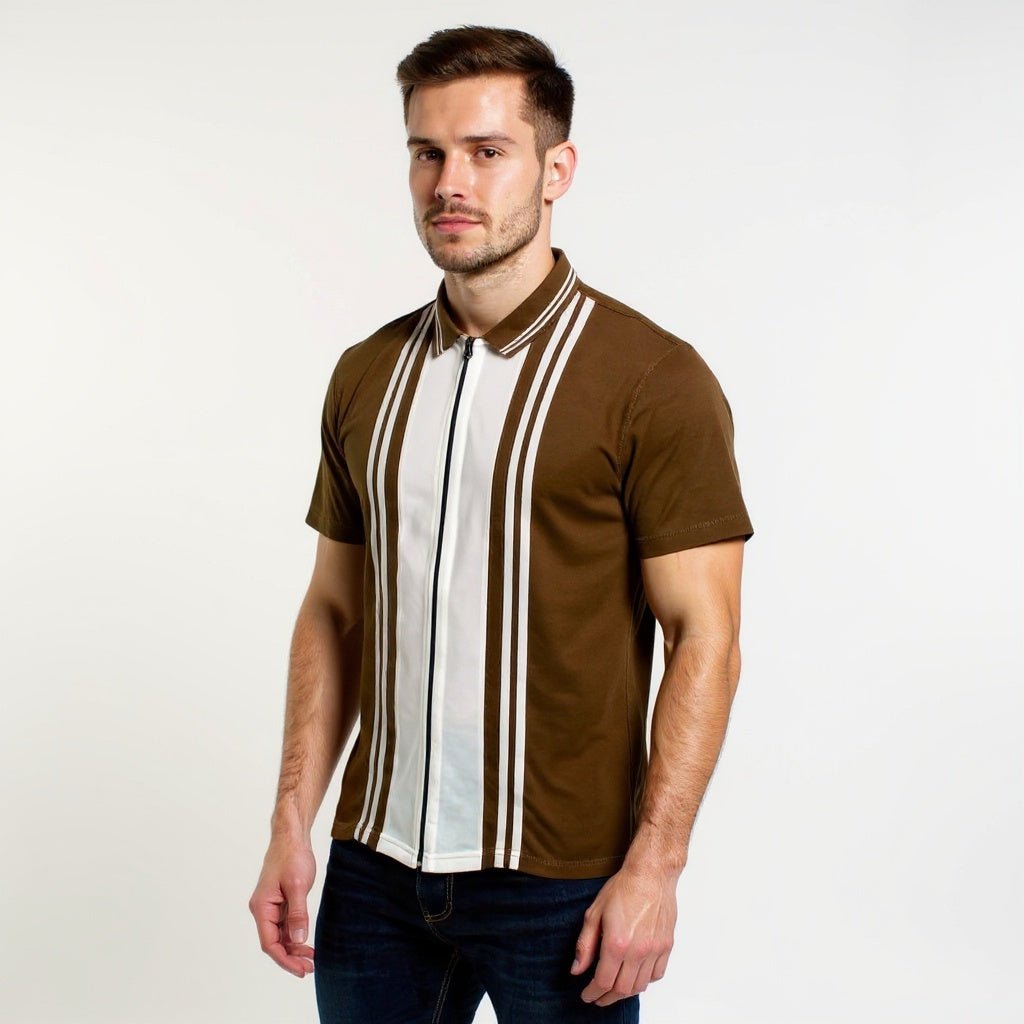 Brown White Zipper Polo Shirt – Premium Men’s Wear Elvo By KA