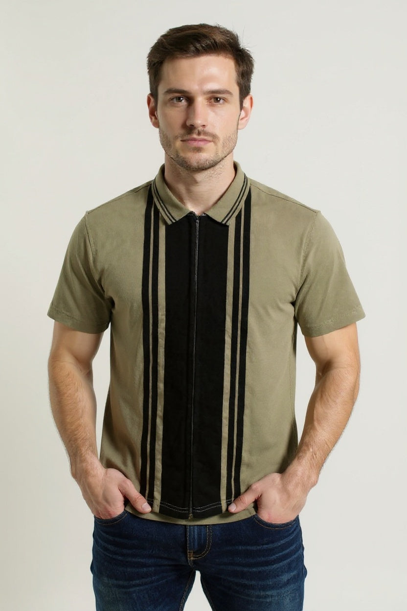 Beige White Zipper Polo Shirt – Premium Men’s Wear Elvo By KA
