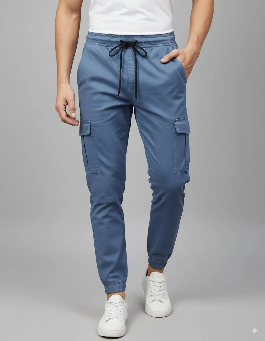 Men's Blue Slim-Fit Cotton Cargo Trousers | Stylish & Comfortable with Pockets Elvo By KA