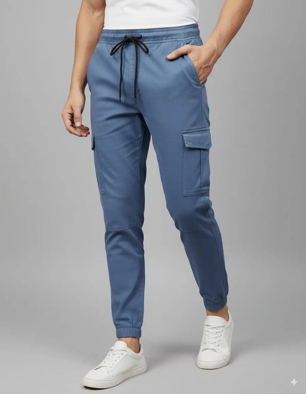 Men's Blue Slim-Fit Cotton Cargo Trousers | Stylish & Comfortable with Pockets Elvo By KA