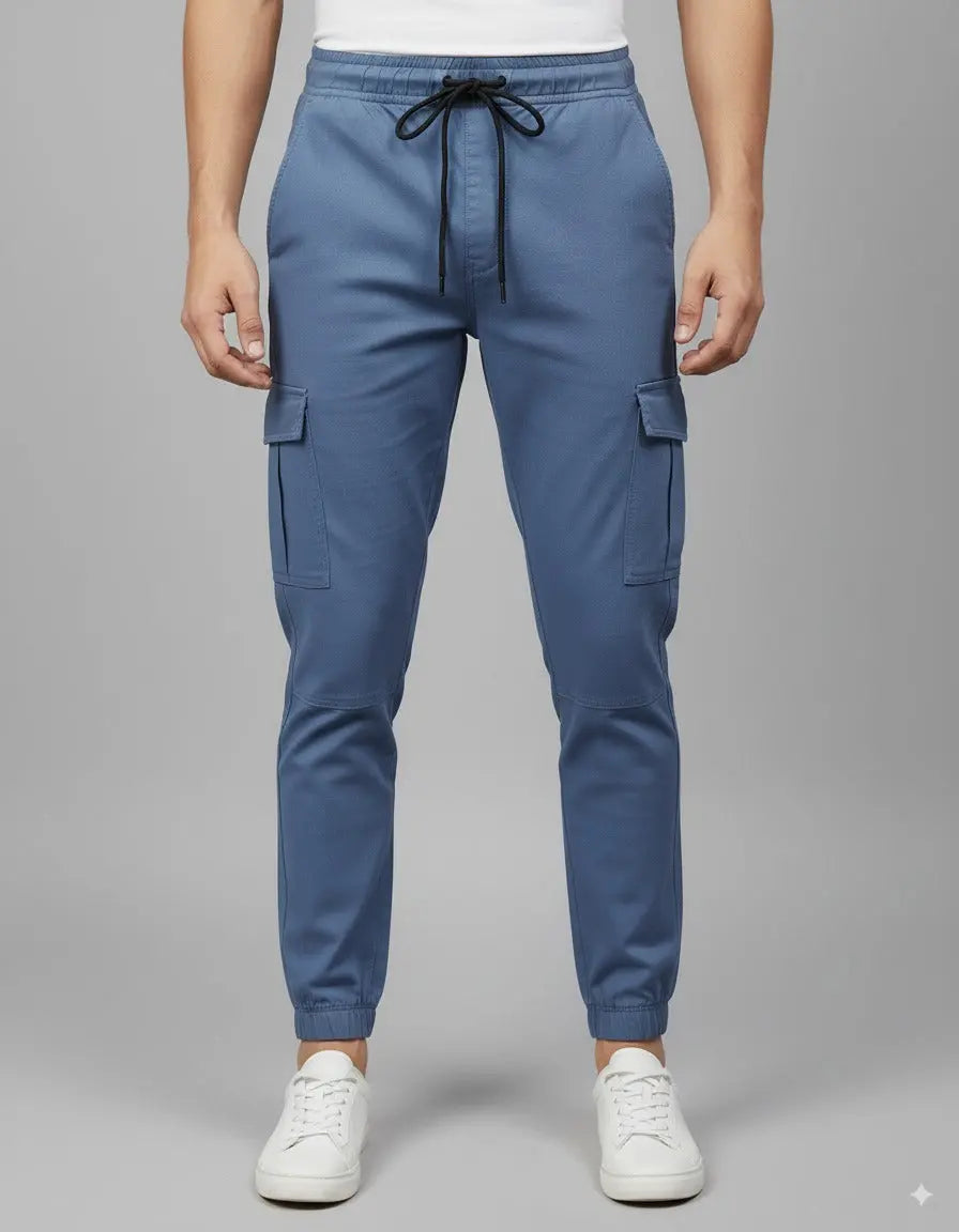 Men's Blue Slim-Fit Cotton Cargo Trousers | Stylish & Comfortable with Pockets Elvo By KA
