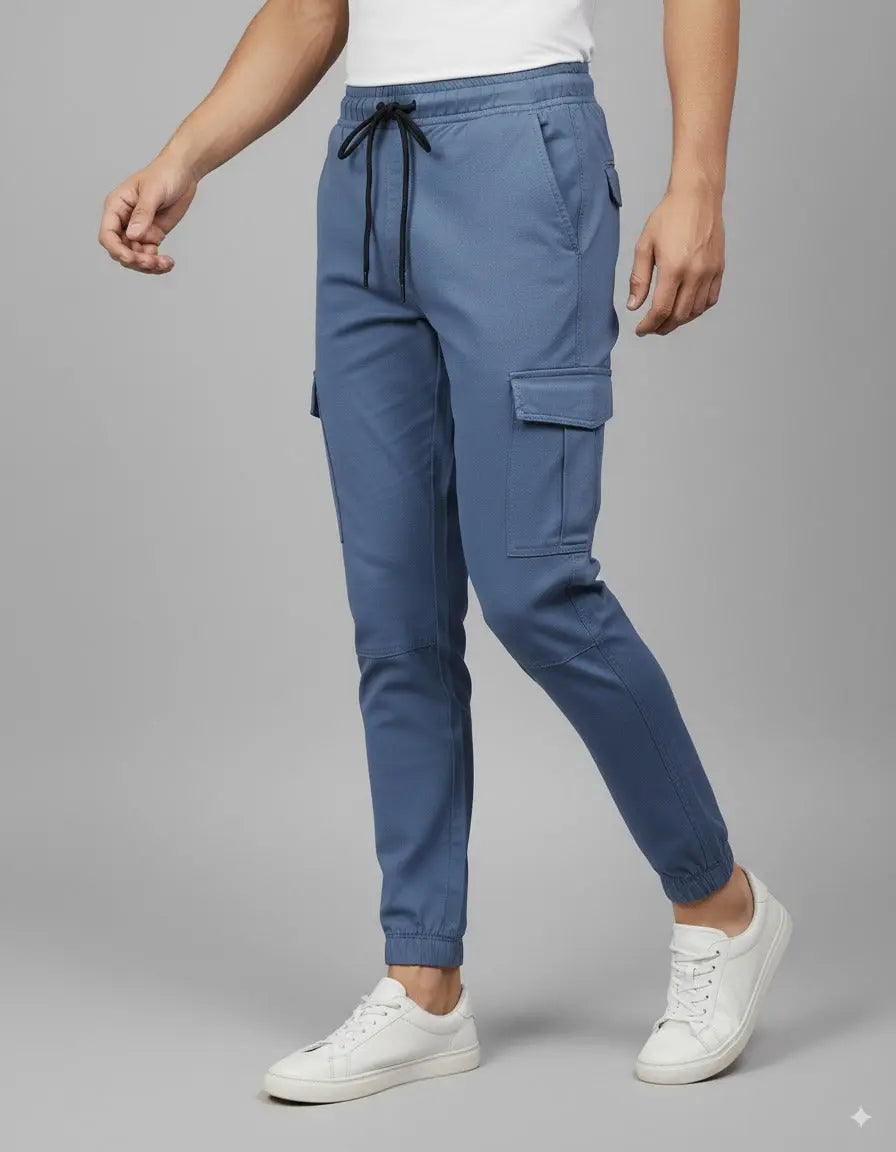 Men's Blue Slim-Fit Cotton Cargo Trousers | Stylish & Comfortable with Pockets Elvo By KA