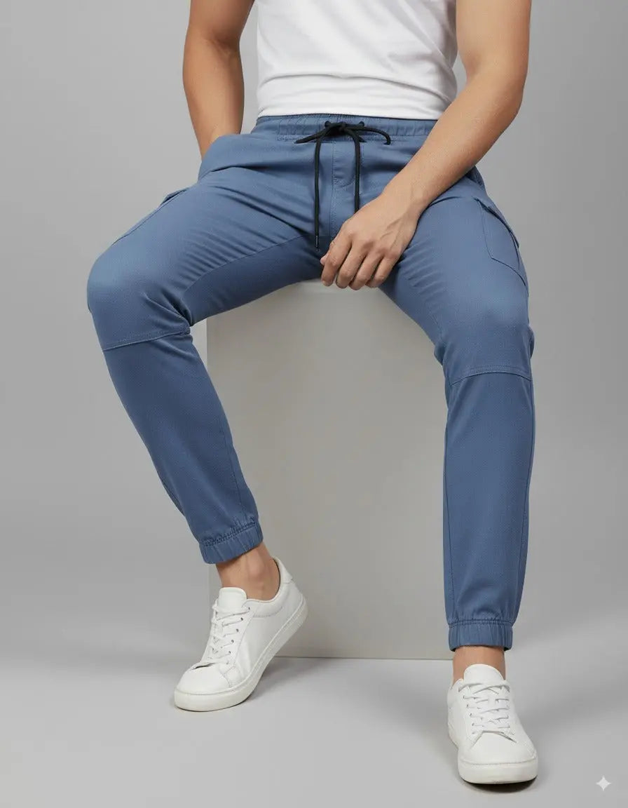 Men's Blue Slim-Fit Cotton Cargo Trousers | Stylish & Comfortable with Pockets Elvo By KA