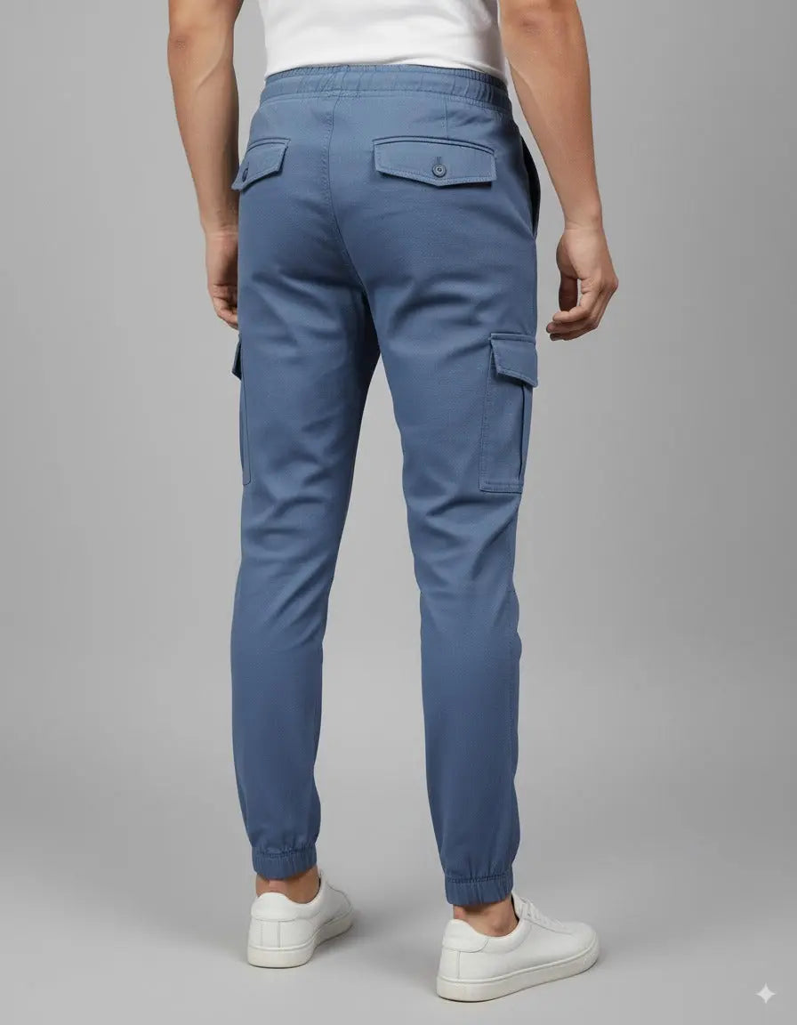 Men's Blue Slim-Fit Cotton Cargo Trousers | Stylish & Comfortable with Pockets Elvo By KA
