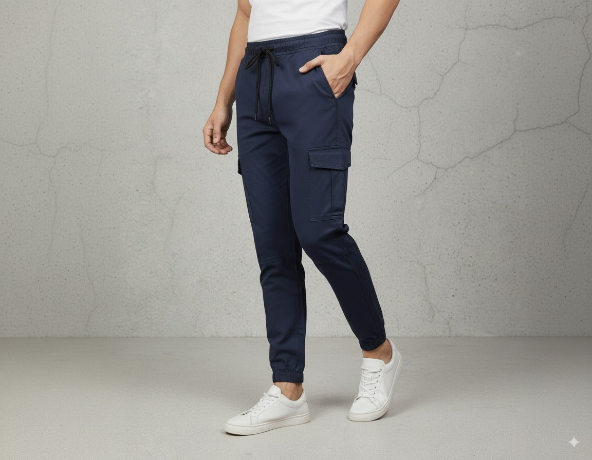 Men's Navy Blue Slim-Fit Cotton Cargo Trousers | Stylish & Comfortable with Pockets Elvo By KA
