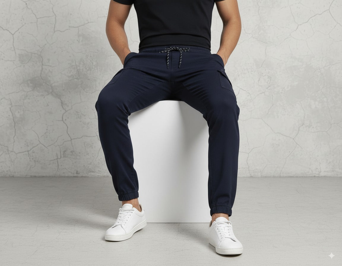 Men's Navy Blue Slim-Fit Cotton Cargo Trousers | Stylish & Comfortable with Pockets Elvo By KA