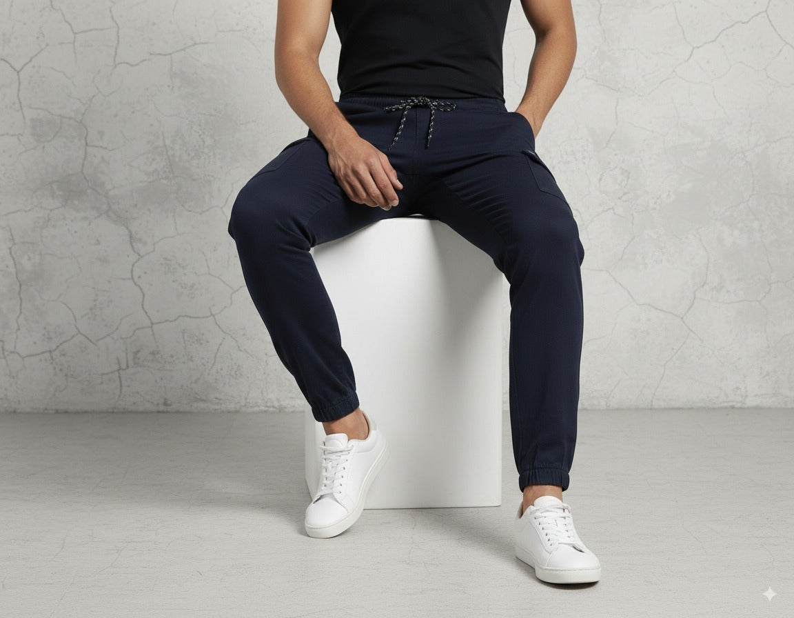 Men's Navy Blue Slim-Fit Cotton Cargo Trousers | Stylish & Comfortable with Pockets Elvo By KA