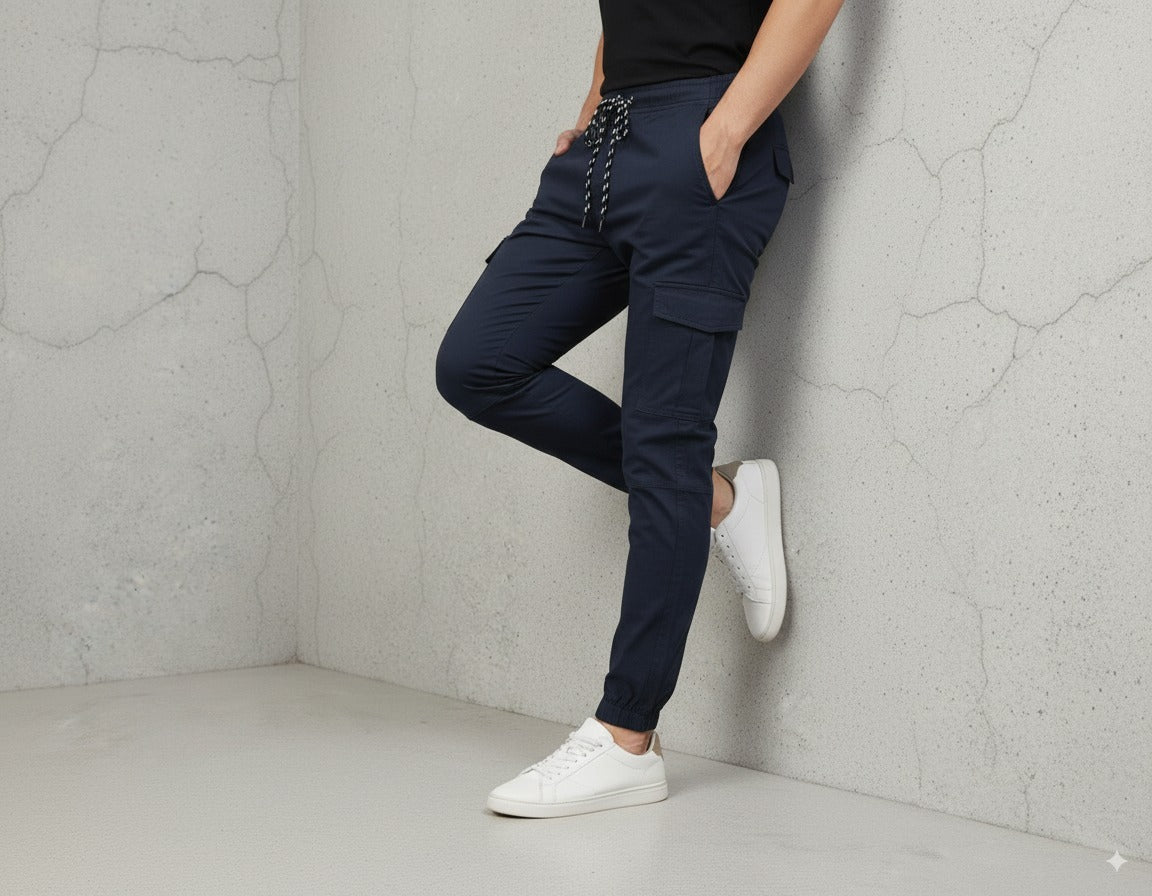 Men's Navy Blue Slim-Fit Cotton Cargo Trousers | Stylish & Comfortable with Pockets Elvo By KA