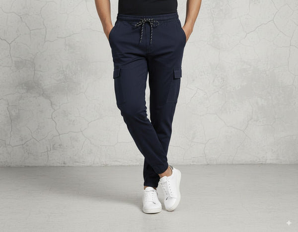 Men's Navy Blue Slim-Fit Cotton Cargo Trousers | Stylish & Comfortable with Pockets Elvo By KA