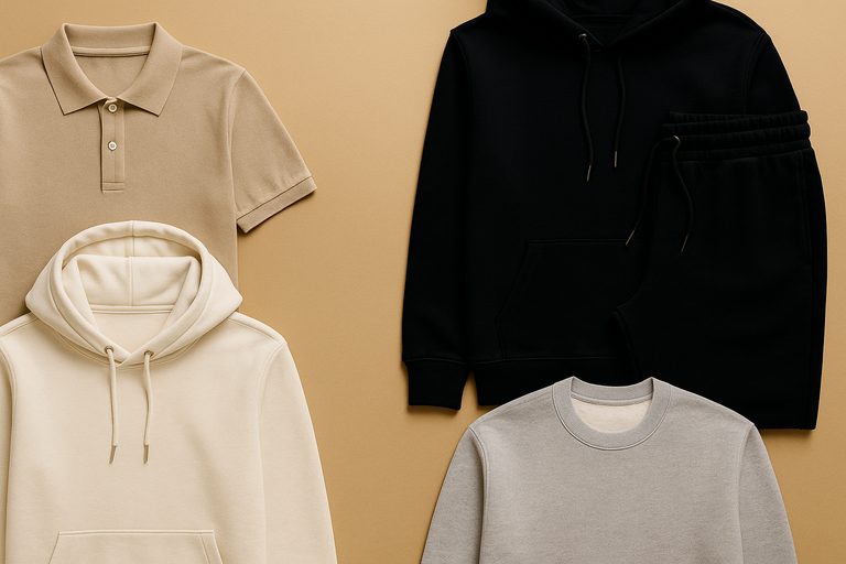 Show products: polo shirts, tracksuits, hoodies, sweatshirts.

Premium + minimal lifestyle look.

Neutral background with vignette/blur edges.

Clean negative space for white overlay text.