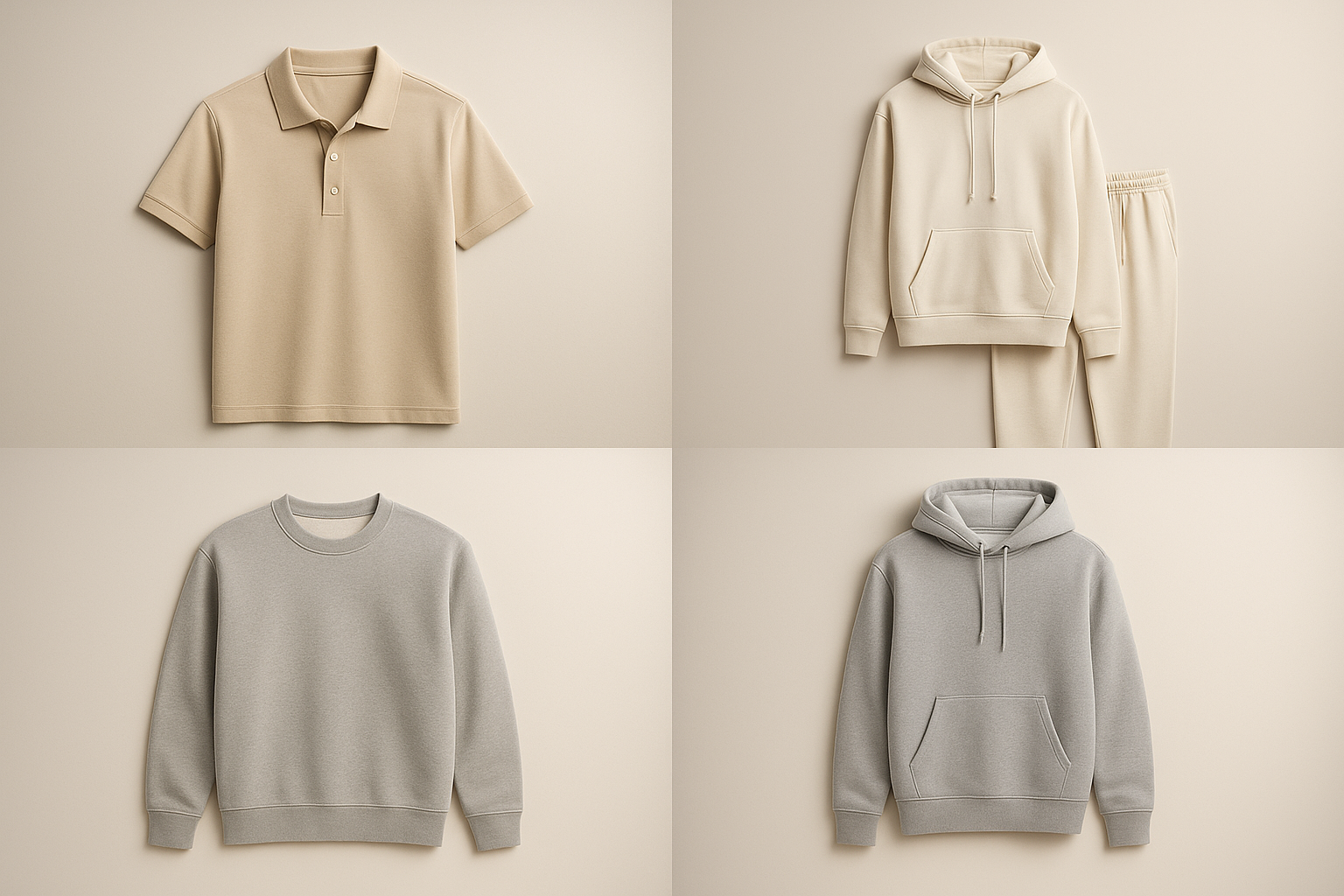 Show products: polo shirts, tracksuits, hoodies, sweatshirts.

Premium + minimal lifestyle look.

Neutral background with vignette/blur edges.

Clean negative space for white overlay text.